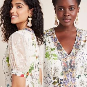 Anthropologie Geisha Designs Donna Botanical Floral Midi Dress Short Sleeves XS